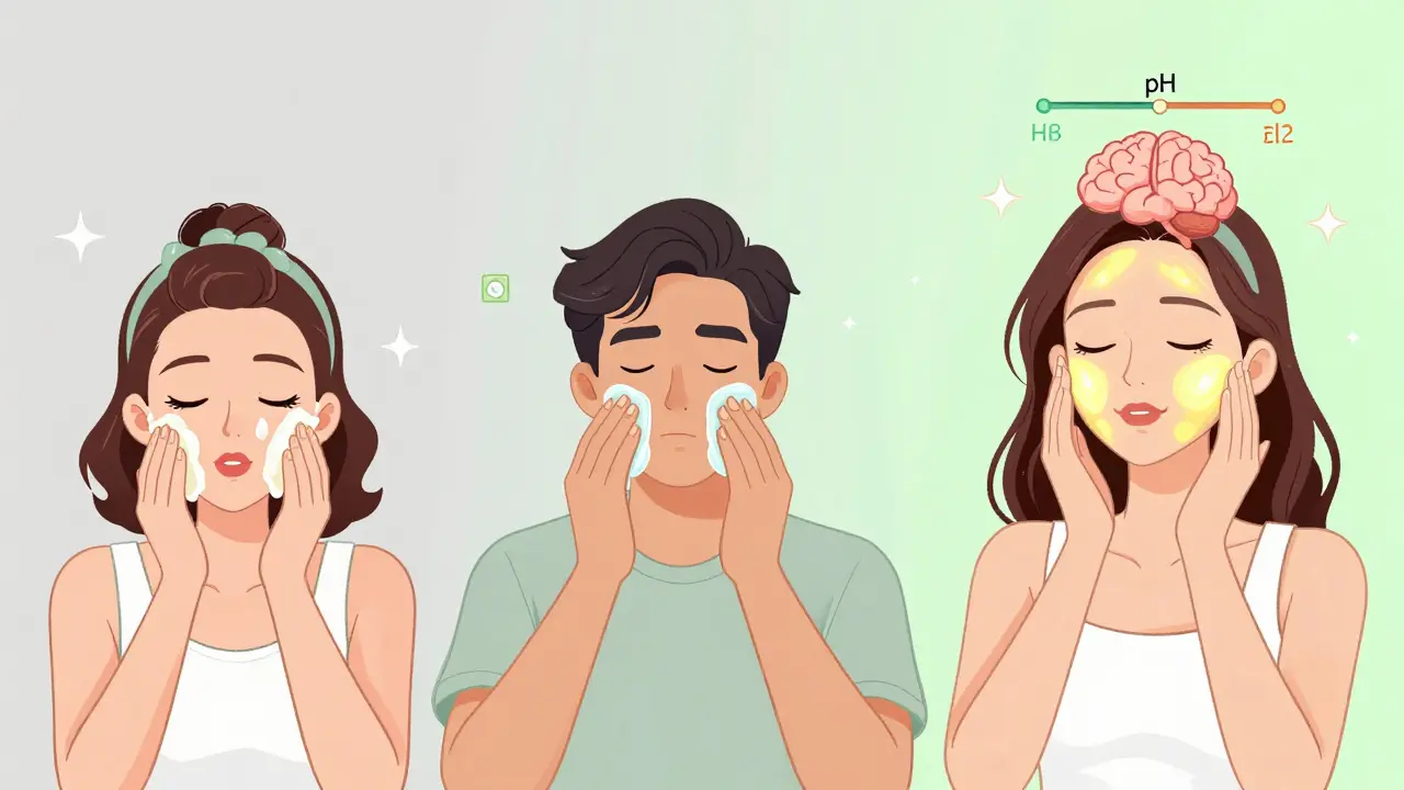 Хронология умывания: от мыла в 1950-х до современного геля, с символами pH и увлажняющих компонентов.