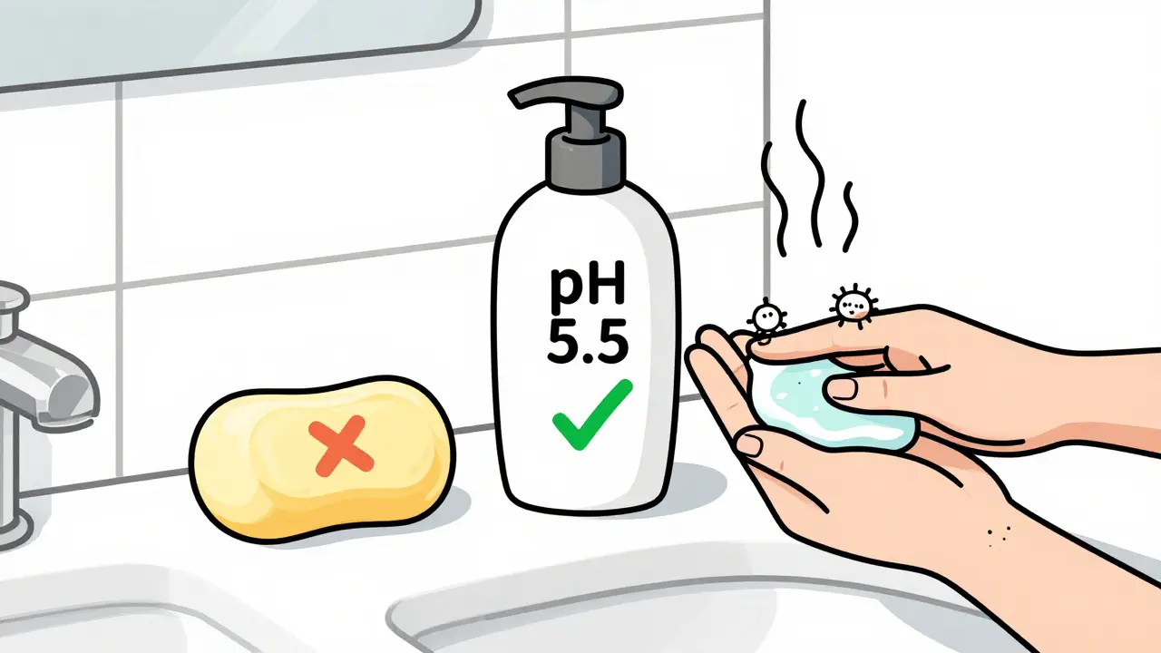 На полке три средства для умывания: мыло с крестом, детское с вопросом и гель с галочкой, рука моет лицо.