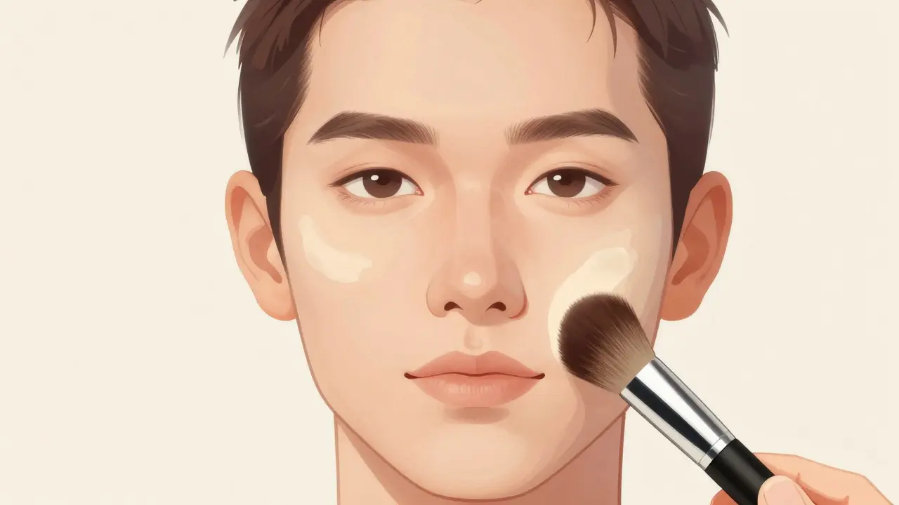 Двухтоновая техника: светлый и тёмный крем плавно переходят друг в друга на лице.