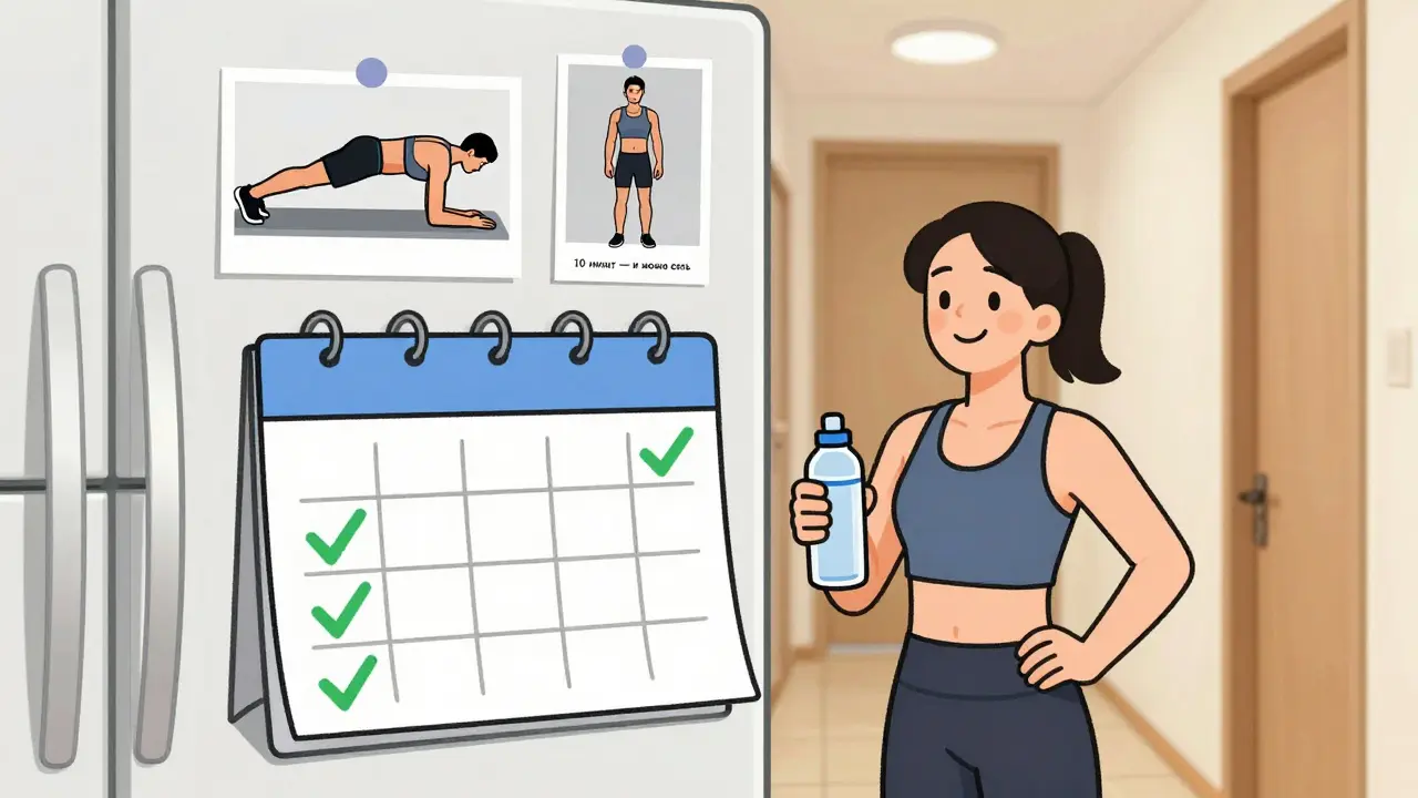 Календарь с пятью галочками на холодильнике, человек улыбается, держа бутылку воды.