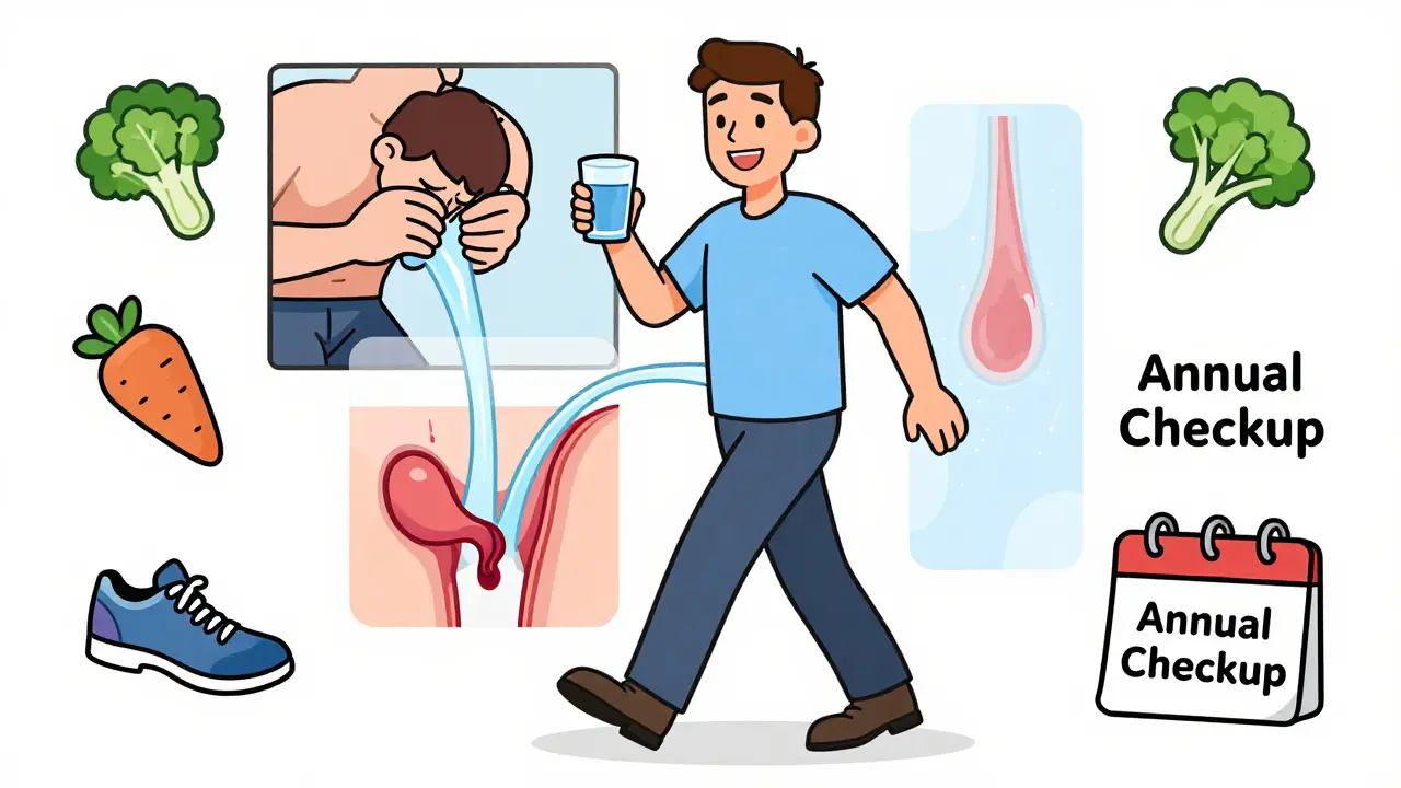 Мужчина после операции спокойно пьет воду, изображение свободного мочеиспускания и здоровых привычек.