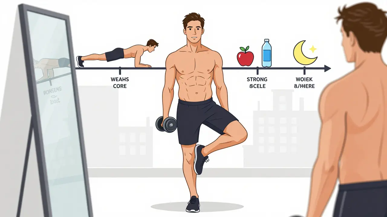 Мужчина с рельефным прессом в лunge, рядом — символы питания и сна, демонстрирует прогресс за 8 недель.