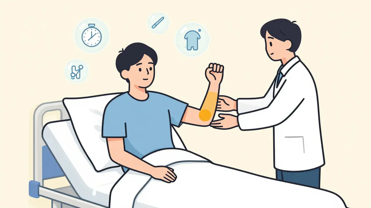 Пациент с терапевтом во время пассивных движений в период реабилитации.