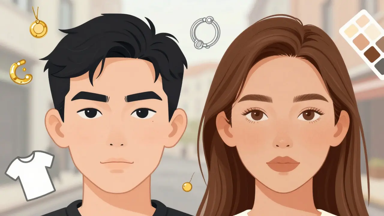 Сравнение естественных и слишком темных бровей на фоне золотых и серебряных украшений.