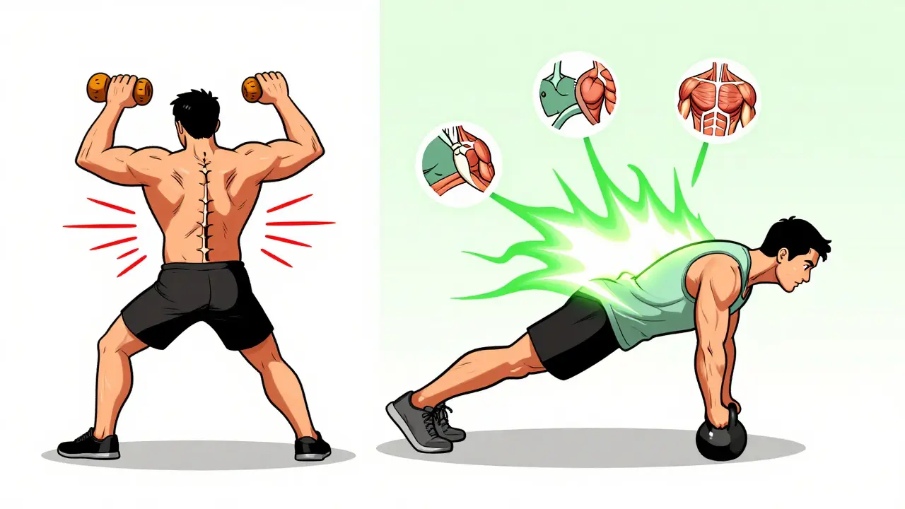 Сравнение: слева — скручивание с болью в спине, справа — тяга в планке с активным кором.