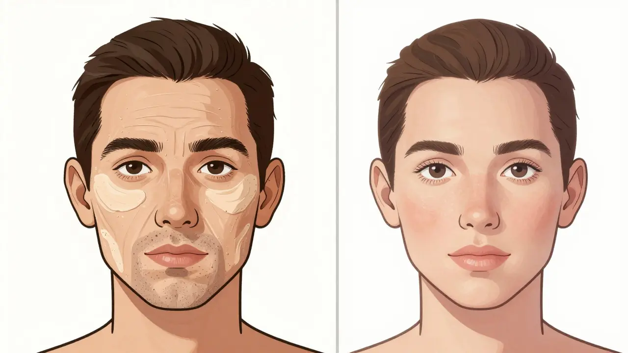 Сравнение: тяжелый макияж с подчеркнутыми морщинами и естественный вид с легким покрытием.