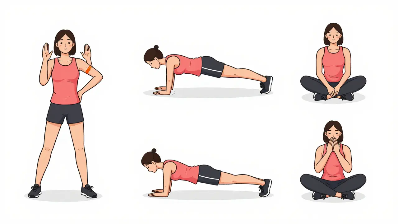 Три этапа короткой тренировки: разминка, основные упражнения и растяжка, изображённые в чистом стиле.