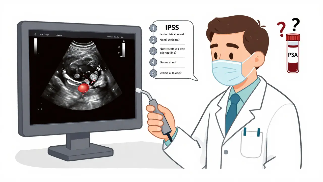Уролог проводит пальцевое исследование, на фоне УЗИ нормальной и увеличенной простаты.