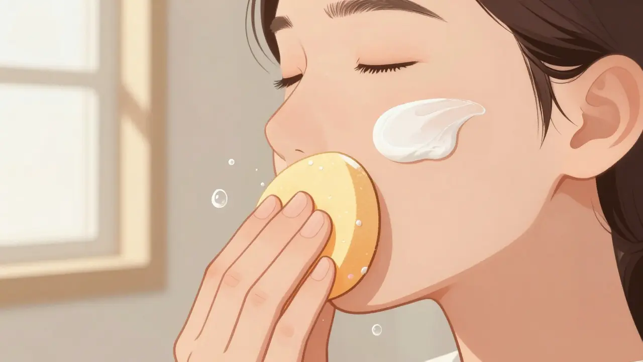 Влажный спонж легкими похлопывающими движениями растушёвывает тональный крем.