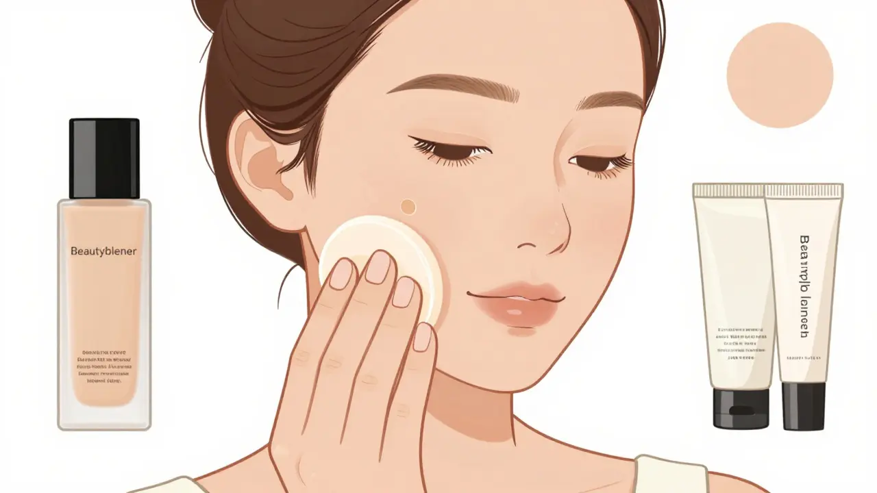 Женщина наносит легкую тональную основу влажным спонжем, кожа выглядит естественно и увлажненно.