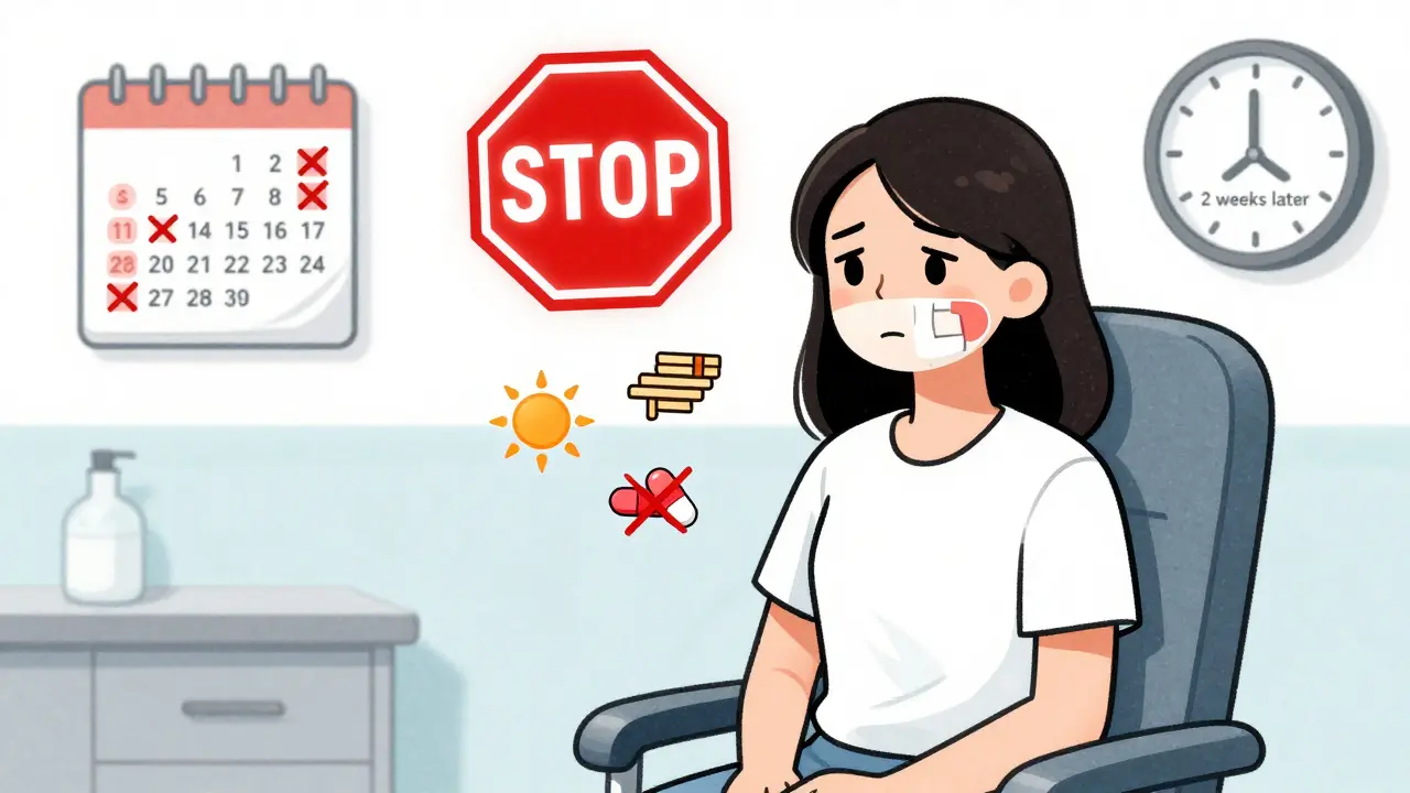 Женщина с герпесом на лице, над ней красный знак «Стоп», вокруг — запрещенные факторы.