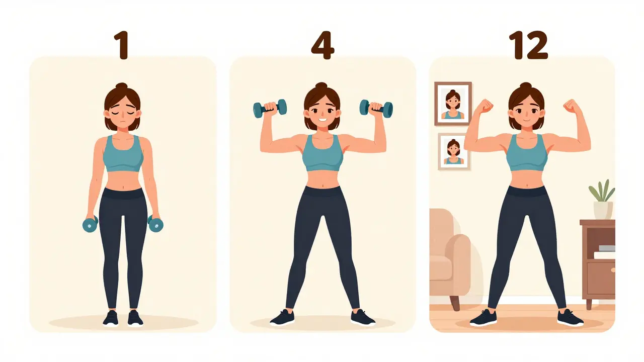 Эволюция женщины за 12 недель домашних тренировок с гантелями: от начала до результата.