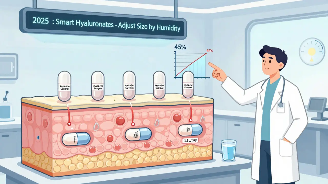Футуристическая лаборатория с умными капсулами гиалуроната, проникающими в кожу.