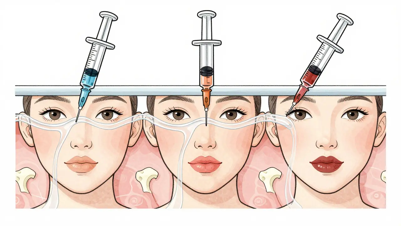 Косметолог вводит три типа филлера в разные зоны лица с цветовыми кодами.