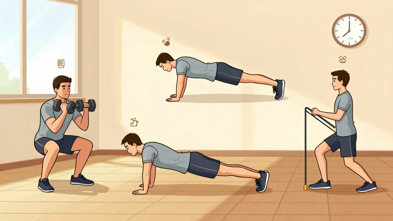 Мужчина выполняет пять функциональных упражнений дома на полу.