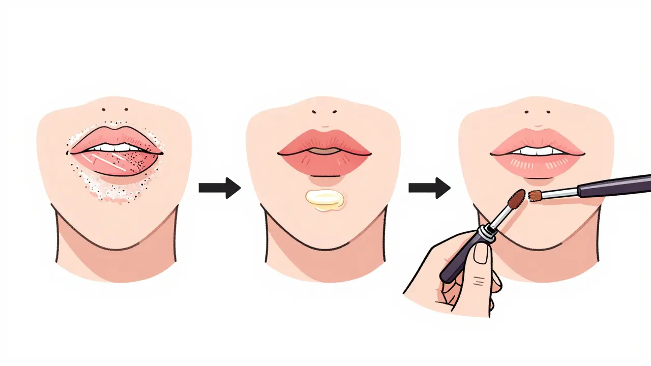 Пошаговая иллюстрация подготовки губ: скраб, бальзам и консилер.