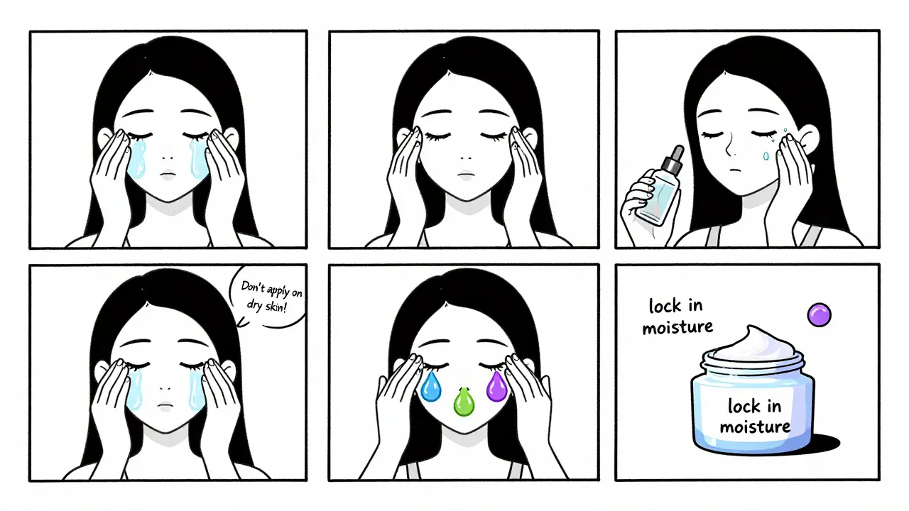 Пошаговая иллюстрация ухода за кожей: опрыскивание, сыворотка и крем.