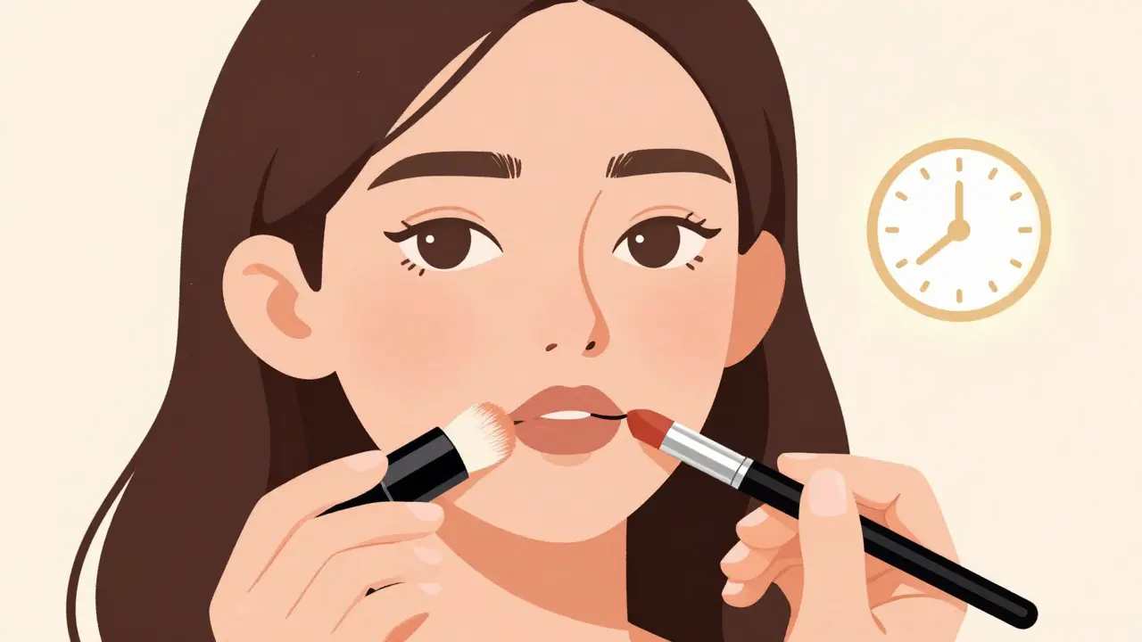 Применение прозрачной пудры поверх помады для фиксации цвета.