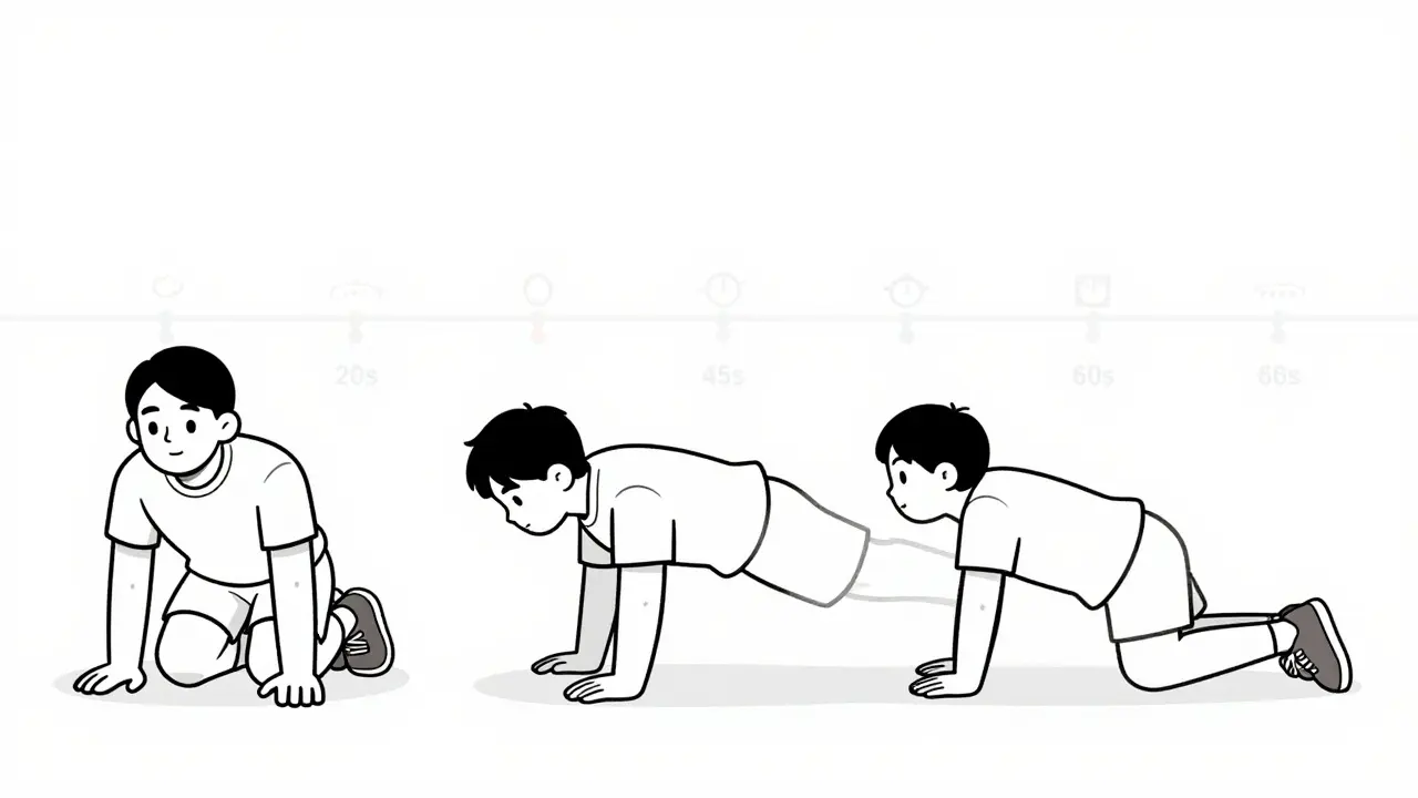 Прогрессия планки: от коленной позиции до подтягивания колена, все в едином стиле.