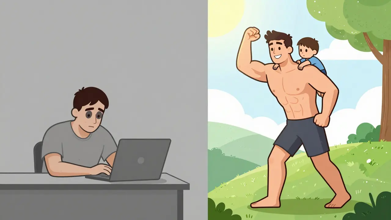 Сравнение: до — сидит за компьютером, после — несёт ребёнка на холме.