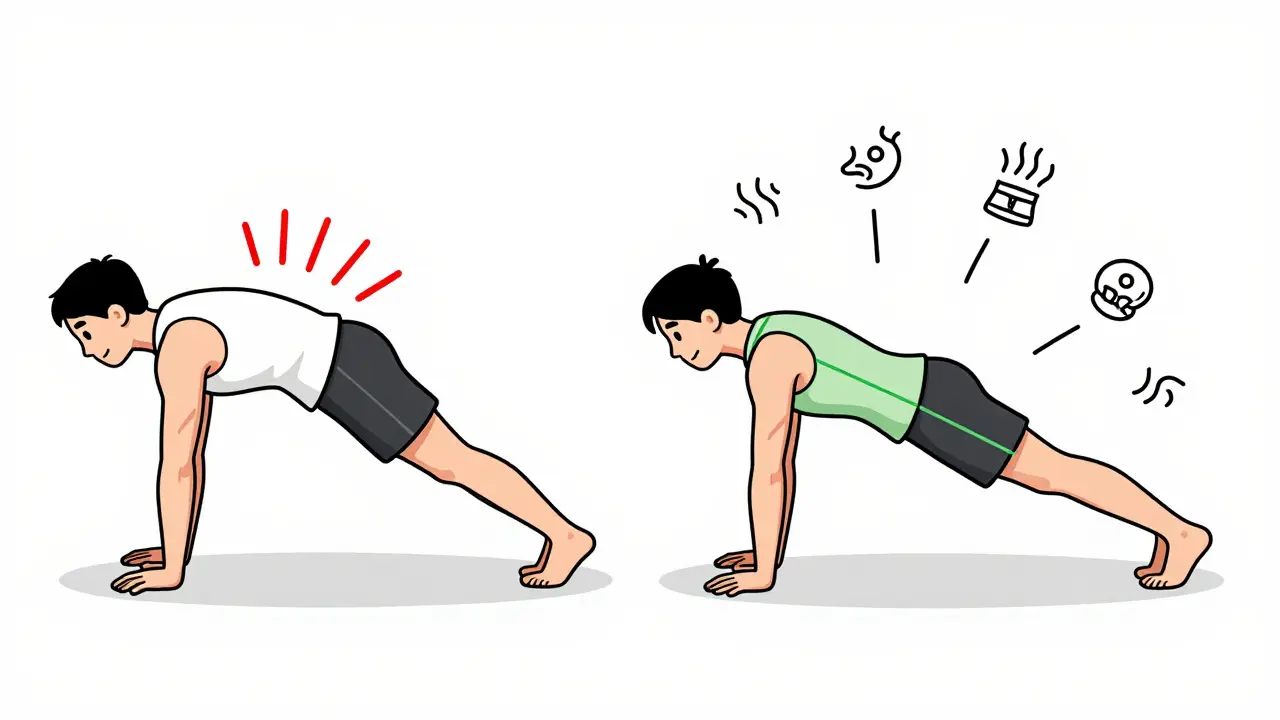 Сравнение правильной и неправильной планки: с зелёными и красными линиями выравнивания.