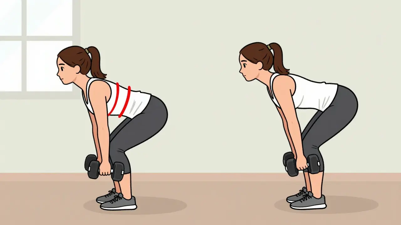 Сравнение правильной и неправильной техники становой тяги с гантелями в домашних условиях.