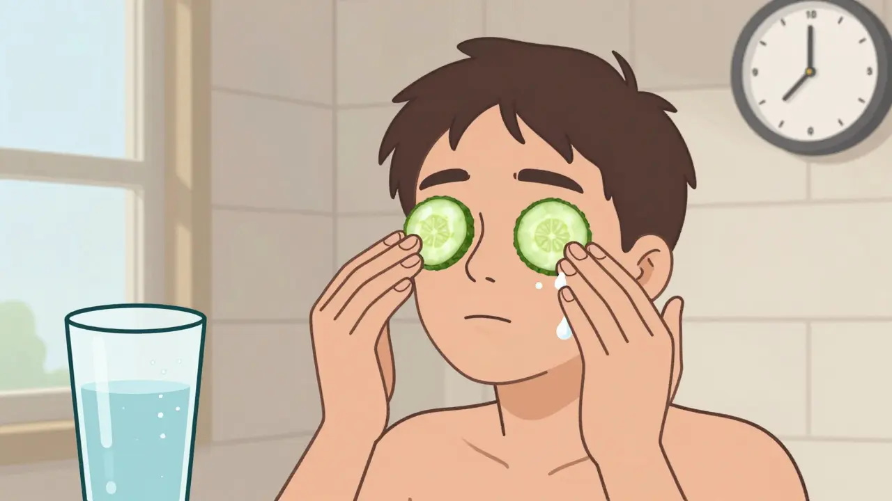 Утренний уход за кожей вокруг глаз: огурцы, крем SPF и стакан воды в спокойной обстановке.