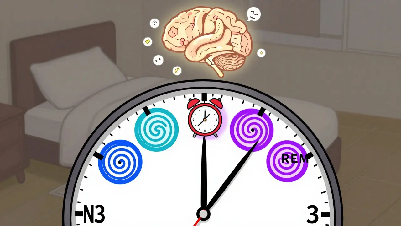 Часы с четырьмя циклами сна, разрушенный REM-цикл в 3:00, мозг с мыслями над кроватью.