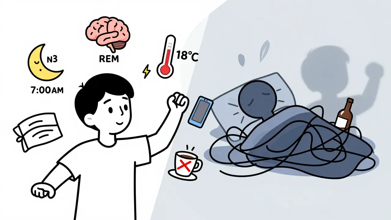 Человек просыпается бодрым с символами хорошего сна, рядом — тень с телефоном и алкоголем.