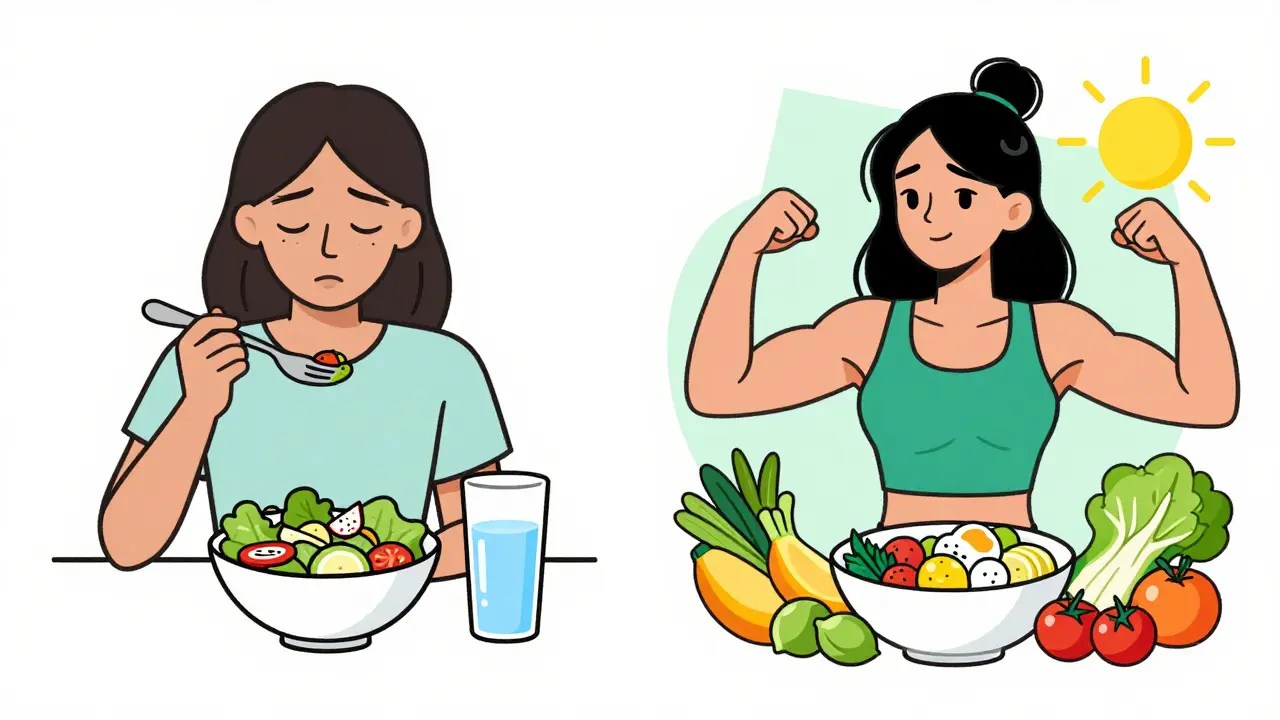 Два образа женщины: одна уставшая с салатом, другая энергичная с полноценной едой.