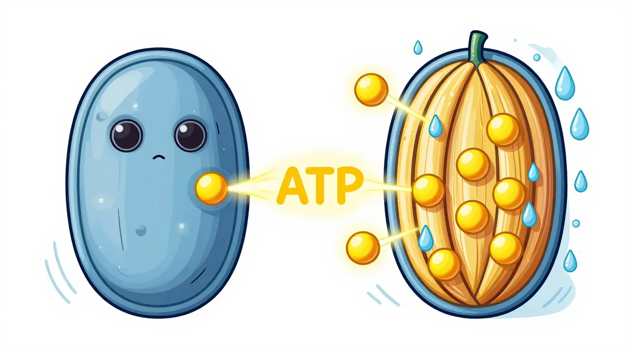 Сравнение мышечных клеток: одна с обычным уровнем энергии, другая насыщена креатином и водой.