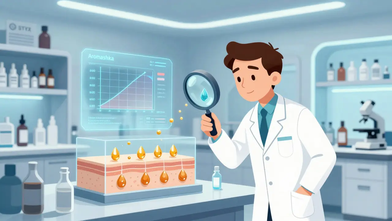 Ученые наблюдают за высвобождением молекул масла в кожу через микрокапсулы в лаборатории с голографическими данными.