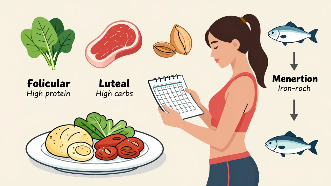 Женщина смотрит на календарь менструального цикла с пометками по питанию.