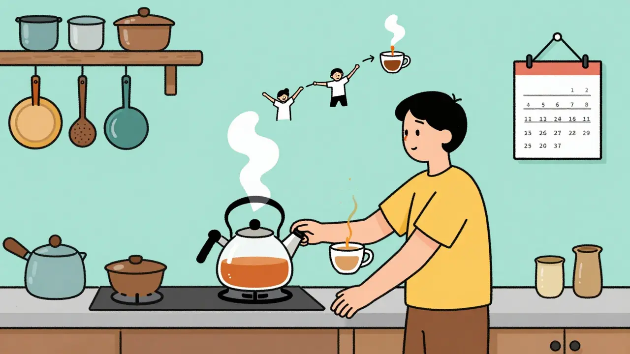 Чайник кипит на кухне, а над ним — три простых шага: пар, растяжка, чашка чая.