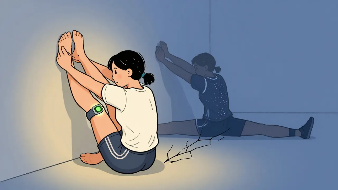Человек растягивается у стены с датчиком безопасности, рядом — мрачная фигура с трещинами в тазу.
