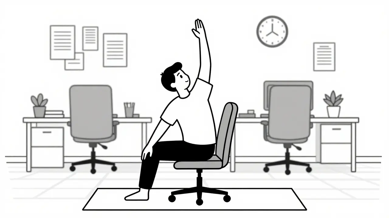 Человек в офисе делает скручивание на стуле, за спиной компьютер и часы.