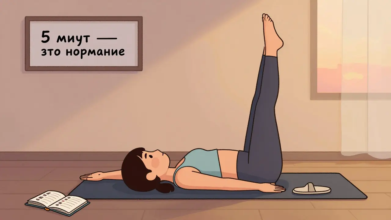 Человек в позе лодки вечером на коврике, рядом открытый дневник и мягкий свет.