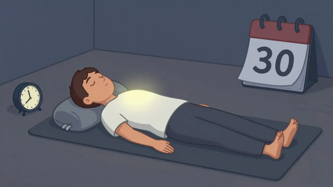 Человек в Шавасане в тихом вечернем свете, с закрытыми глазами, символизируя интеграцию и покой после 30 дней практики.