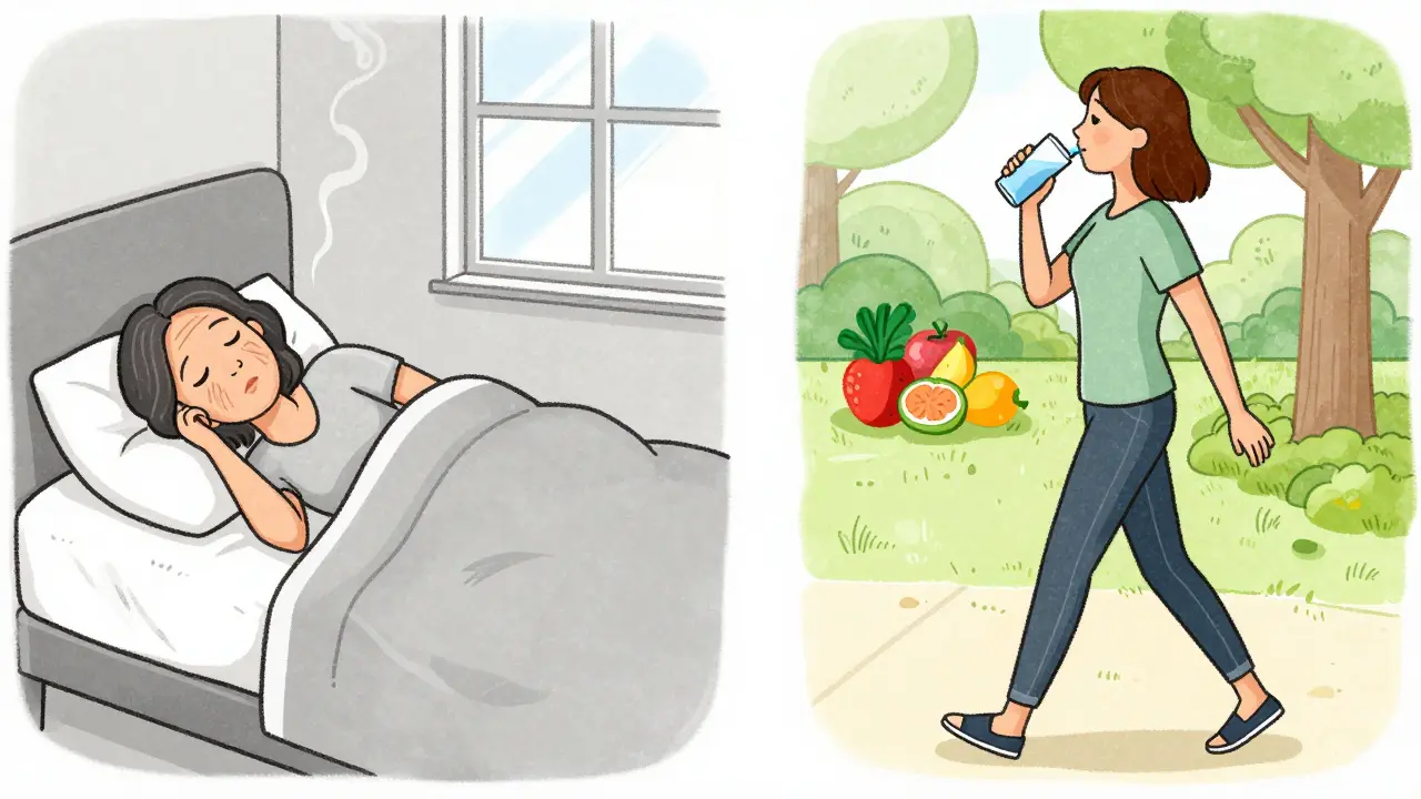 Два портрета женщины в 50 лет: одна с признаками курения и плохого сна, другая — со здоровым образом жизни.