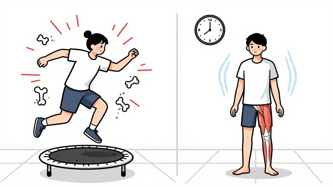 Два способа растяжки: резкие прыжки слева и плавное удержание справа, с акцентом на заднюю ногу.