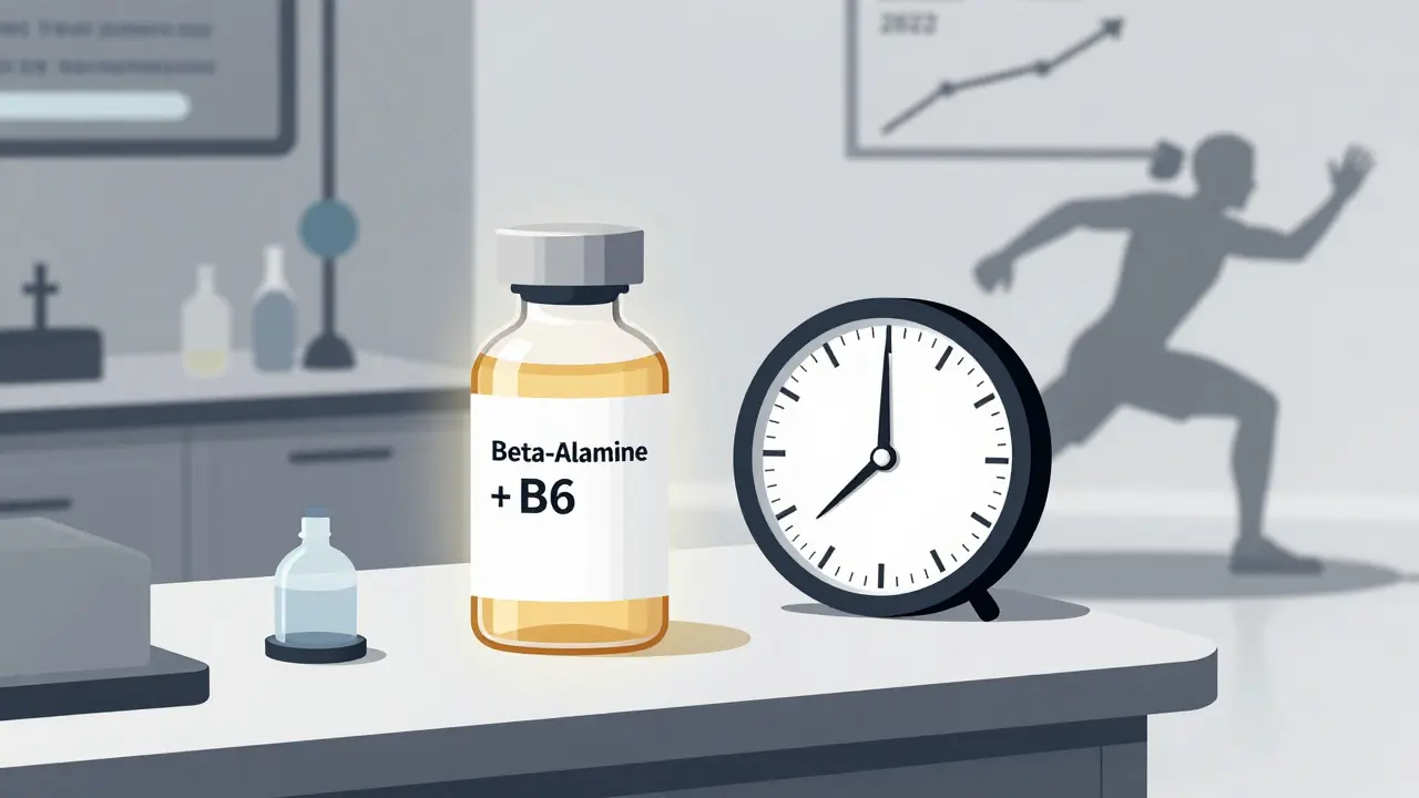 Футуристическая пробирка с бета-аланином и витамином B6, рядом — график роста рынка.