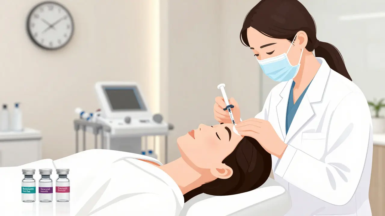 Косметолог аккуратно вводит препарат вокруг глаз пациента в современной клинике, спокойная атмосфера.