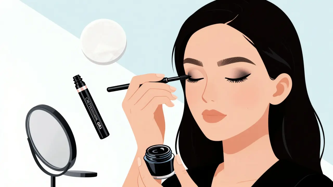 Макияжист наносит гелевую подводку кисточкой, создавая дымчатый эффект.