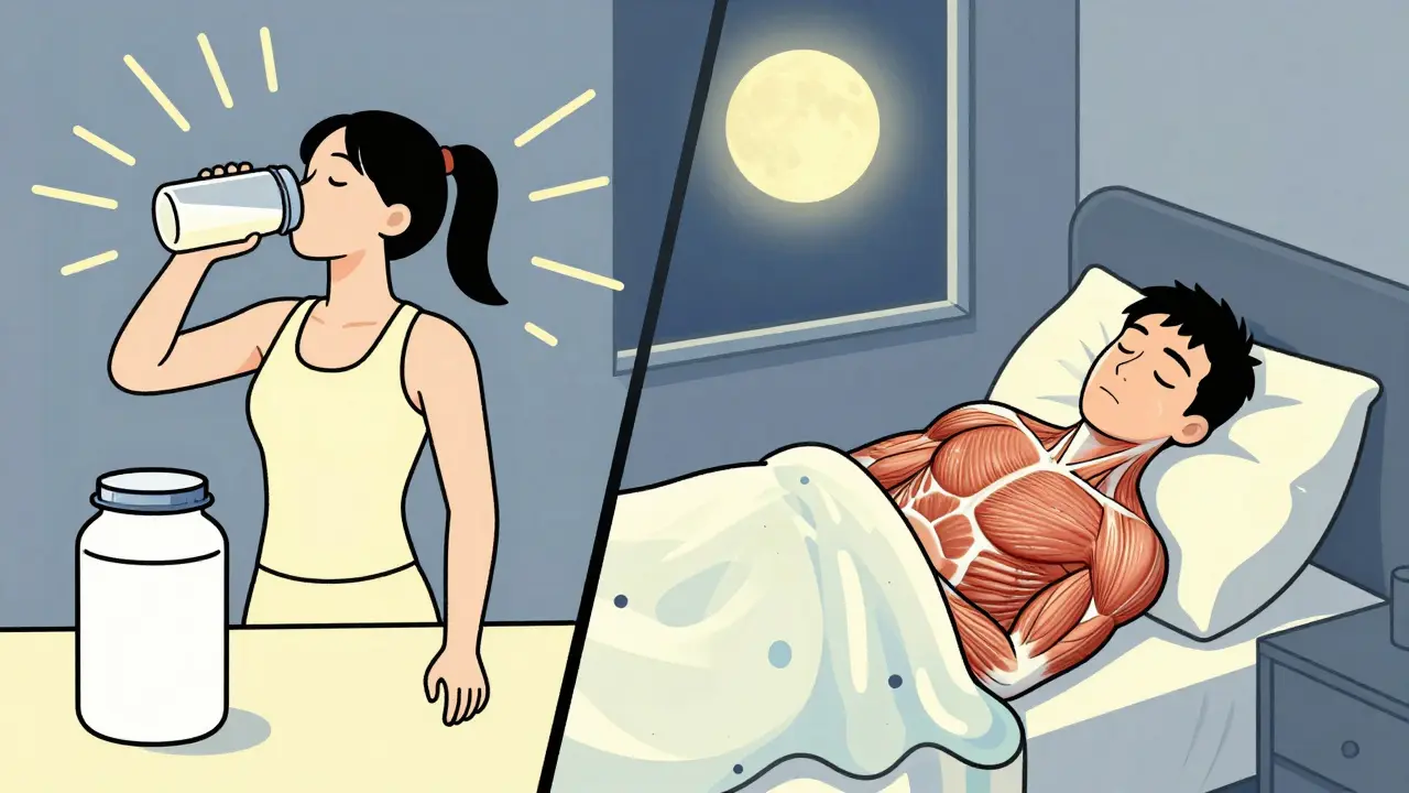 Ночная сцена: человек спит, а казеин медленно поступает в мышцы, в отличие от быстрого усвоения сыворотки после тренировки.