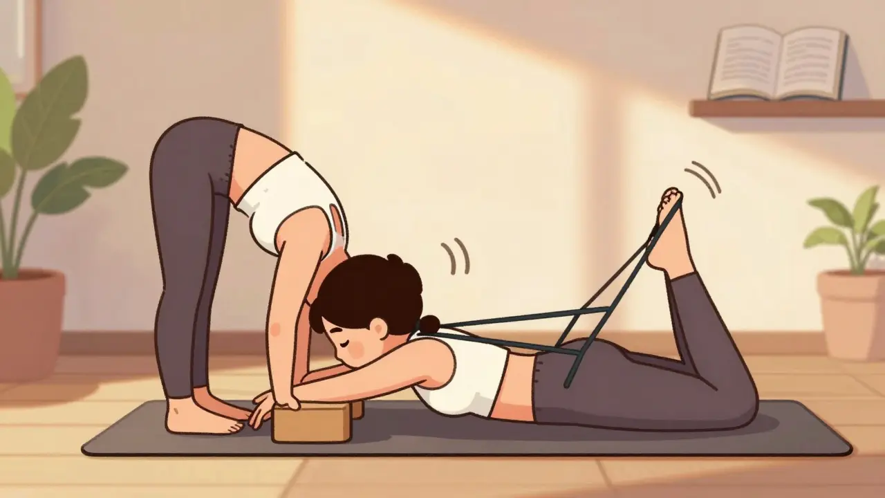 Практикующий использует блок и ремень для наклона вперёд и скручивания, с потоком дыхания, в тёплом освещении.