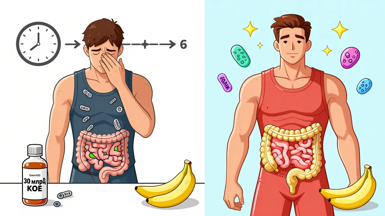 Сравнение: больной кишечник слева и здоровый — справа с пробиотиками и иммунными клетками.