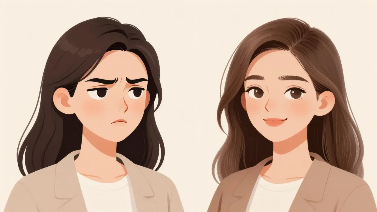 Сравнение искусственных и естественных бровей: слева — карандаш, справа — гель с оттенком.