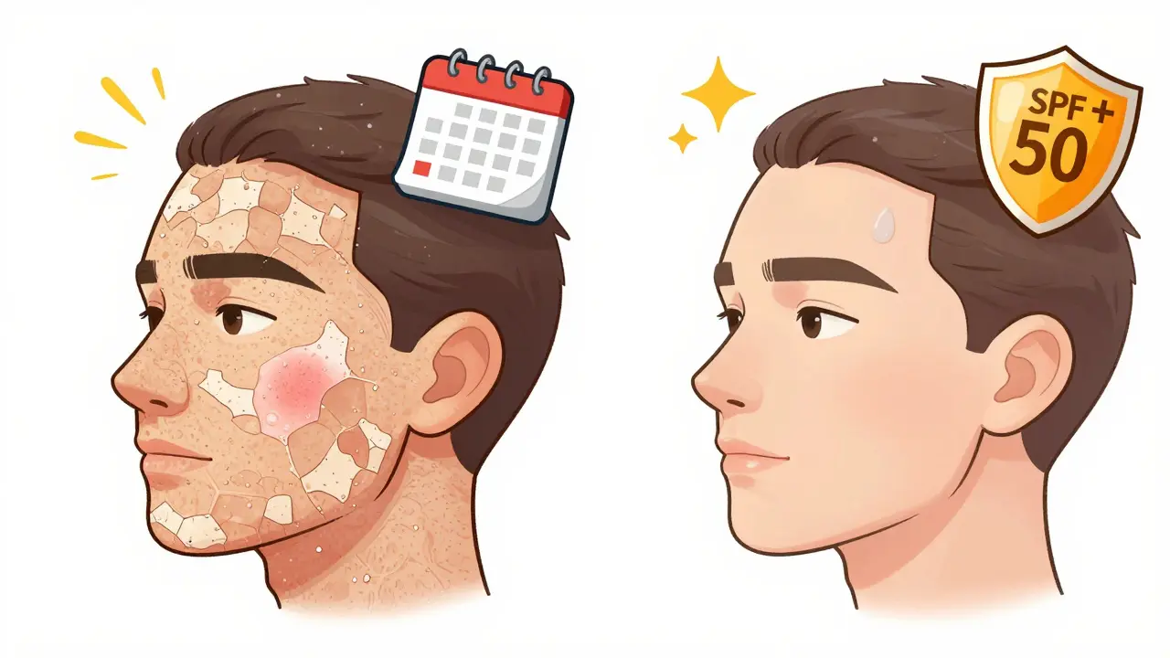 Сравнение кожи до и после пилинга: шелушащаяся и гладкая, с символами SPF и времени восстановления.