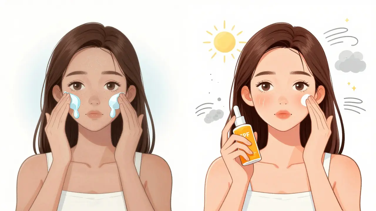 Сравнение тусклой и сияющей кожи: одна — без ухода, другая — с базовым уходом.