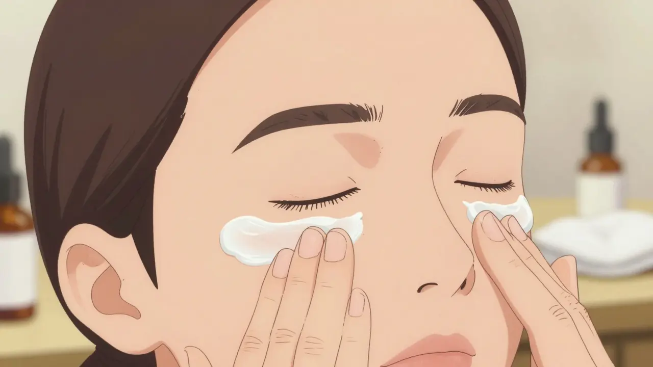 Тонкие движения безымянного пальца по зоне под глазами без растяжения кожи.